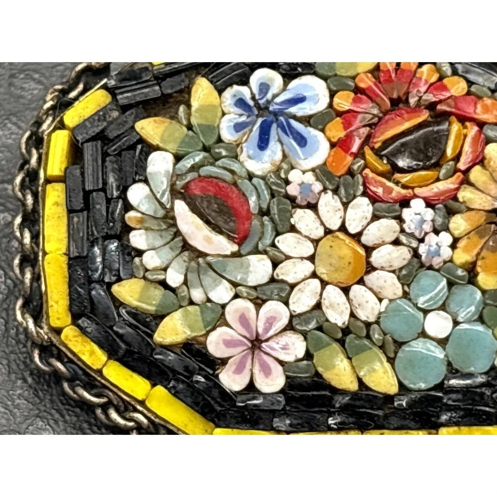 Vintage Micro Mosaic Italian Italy Floral Brooch Yellow Red Black Pin READ